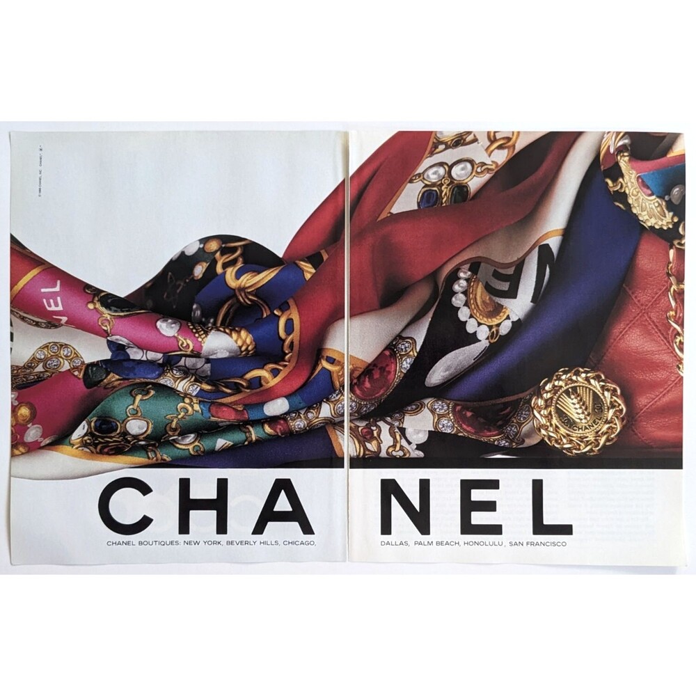 Chanel Boutique Stores Scarf Purse Handbag Jewelry 1989 Vintage Print Ad 2 Page
